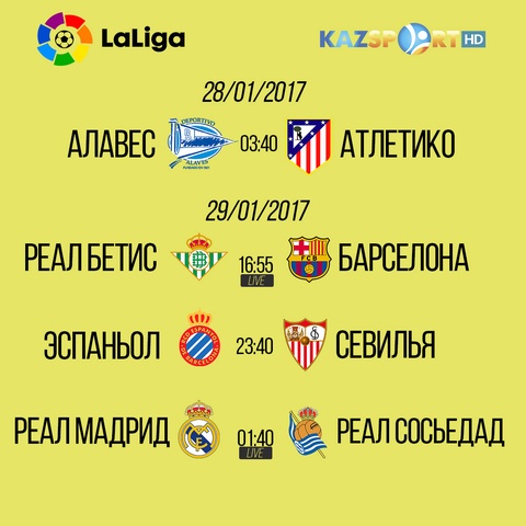 La Liga! 20-тур ойындарын «Kazsport» телеарнасынан тікелей эфирде тамашалаңыздар